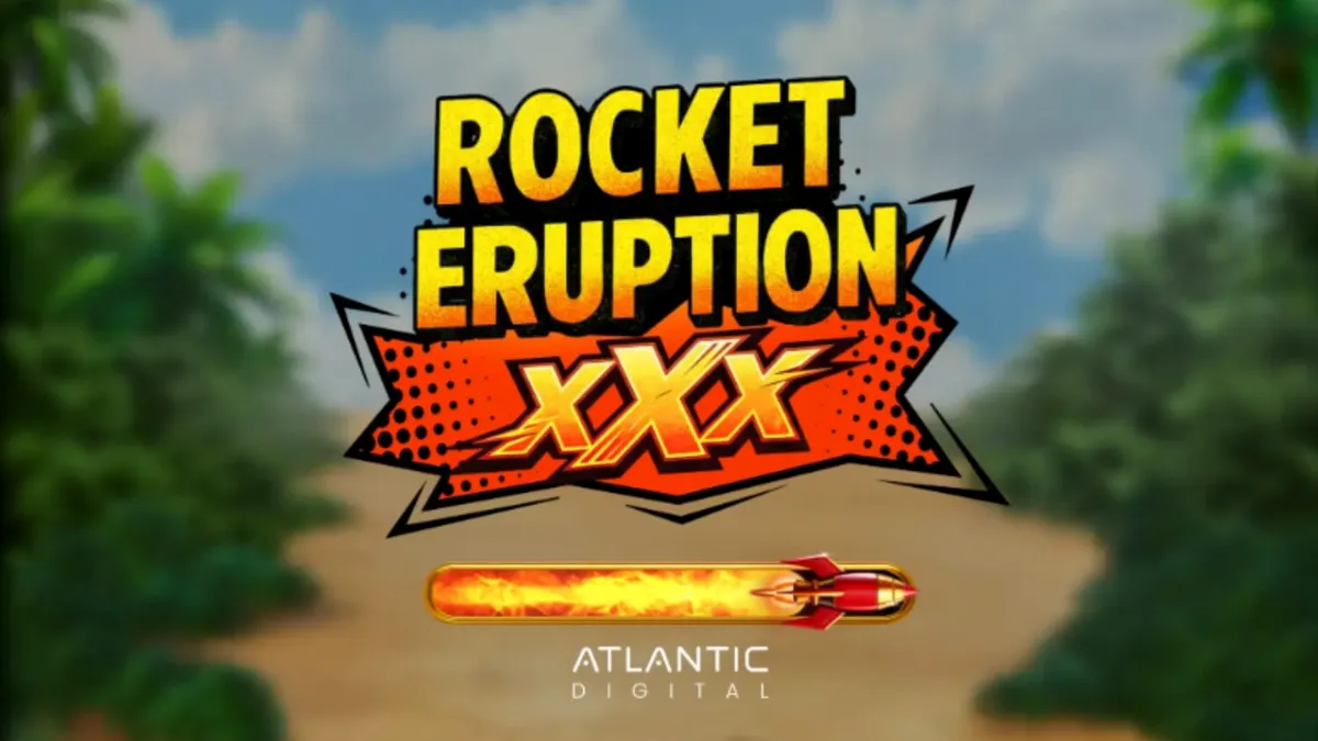 Tampilan visual slot Rocket Eruption XXX dengan tema gunung berapi dan elemen retro
