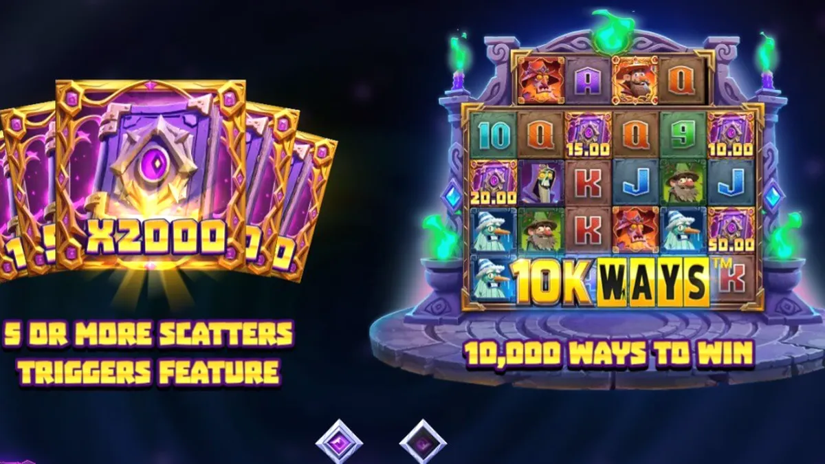 Wizbang Brawl 10K Ways slot game interface showing magical wizard duel