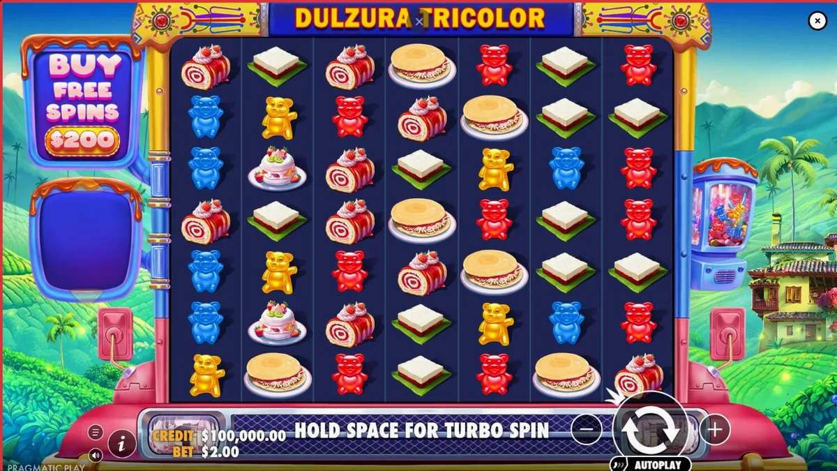 Tampilan visual slot Dulzura Tricolor dengan latar belakang pemandangan tropis Kolombia yang cerah.