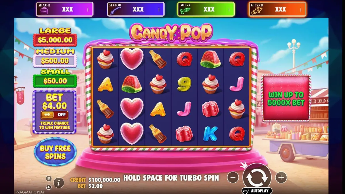 Tampilan visual slot Candy Pop dengan simbol permen yang cerah dan antarmuka permainan yang modern.