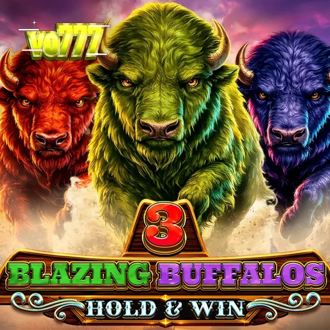 Tampilan visual slot 3 Blazing Buffalos dengan latar belakang ngarai neon dan simbol kerbau mistis.